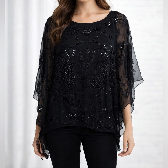 Beaded Tops - Pure silk sequined and beaded blouse Tie-side Embellished Sheer Black Blouse S